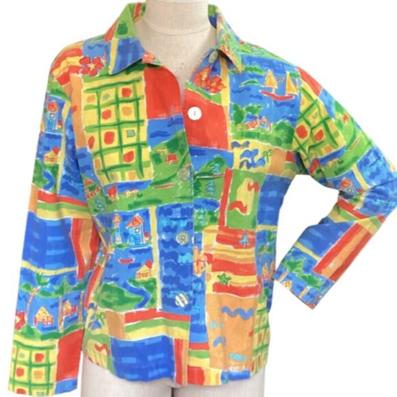 Coldwater Creek Cotton Jacket Sz M Watercolor Beach Print #27Q - Picture 2 of 9